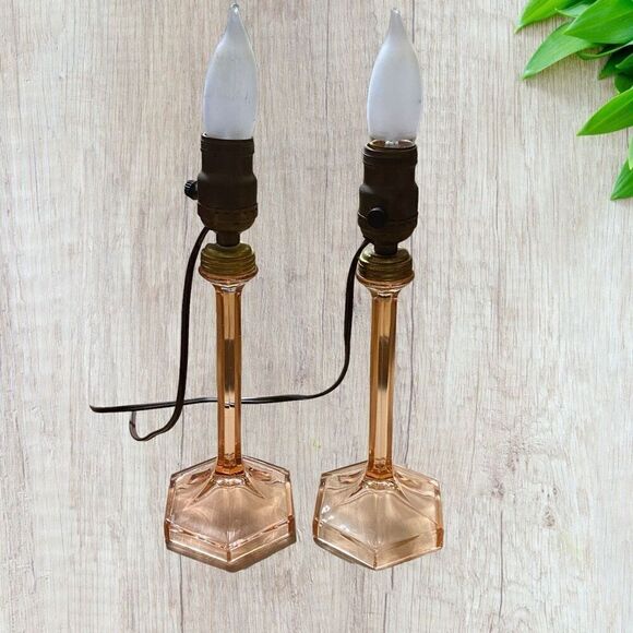 Pink Depression Glass Stick Lamps Hexagonal Base 2 - Picture 6 of 10